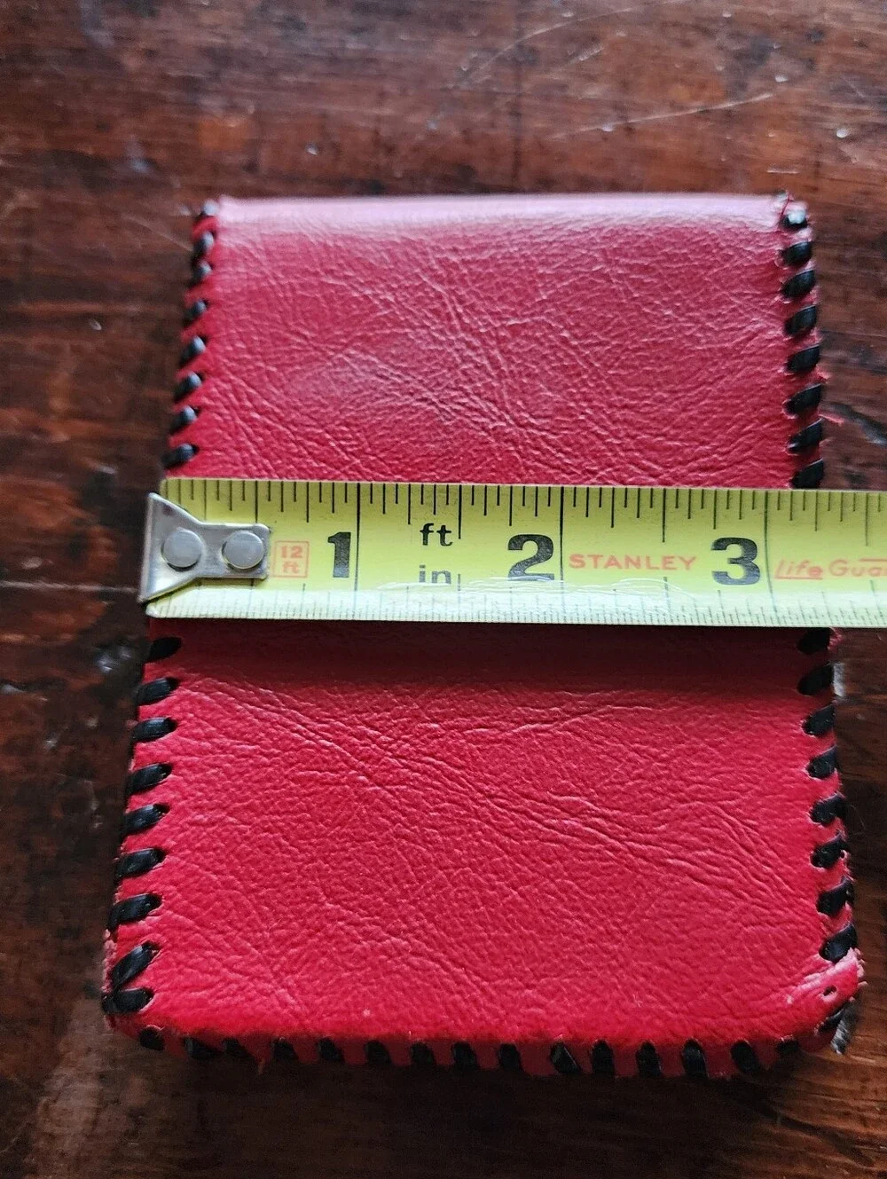 Vintage Hand Stitched Handmade Bright Red Leather Billfold Wallet Card Holder